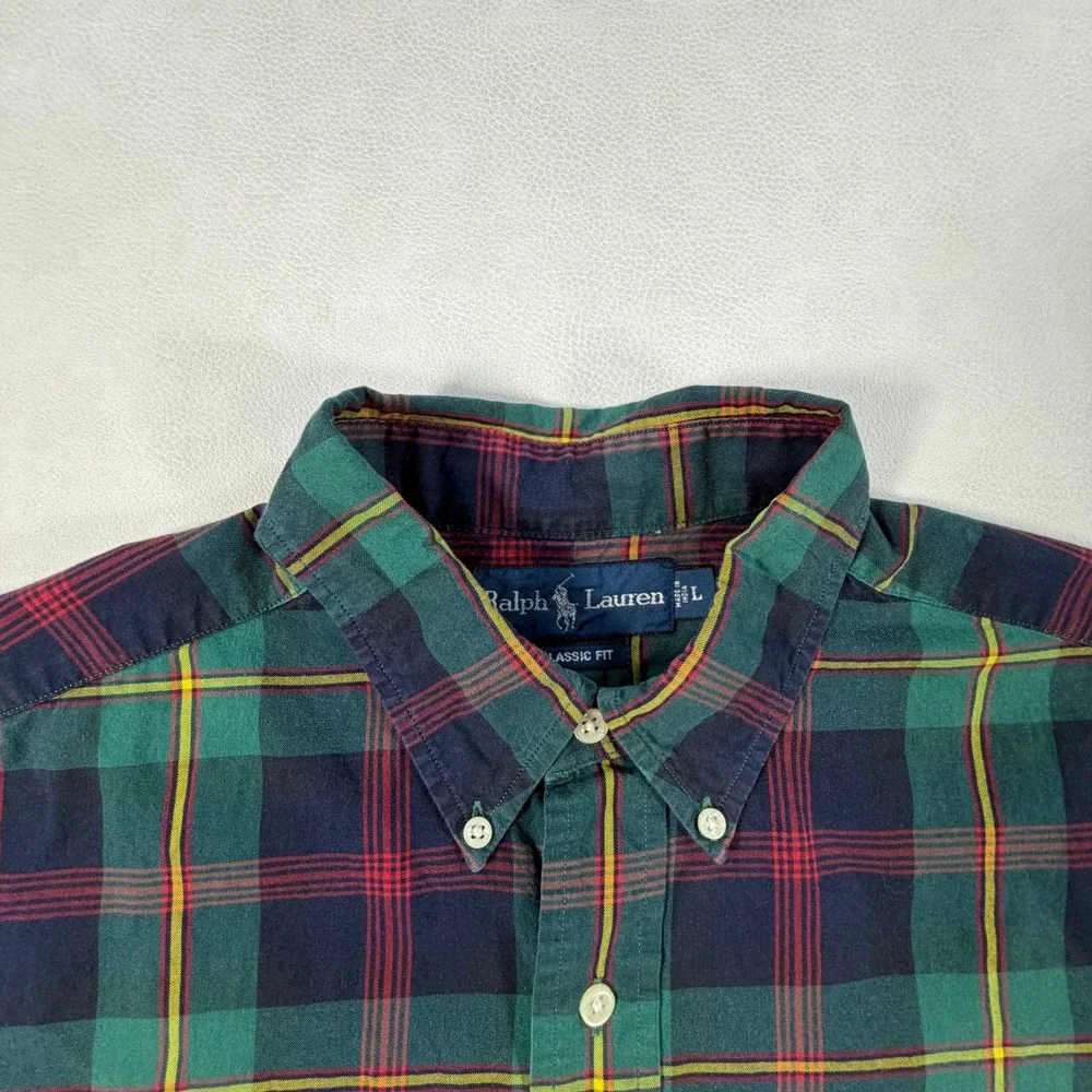 Ralph Lauren Mens Large Plaid Button Down Shirt Classic Fit Green Navy Blue